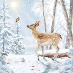 SERVIETTE NEIGE RENCONTRE CERF ET OISEAU